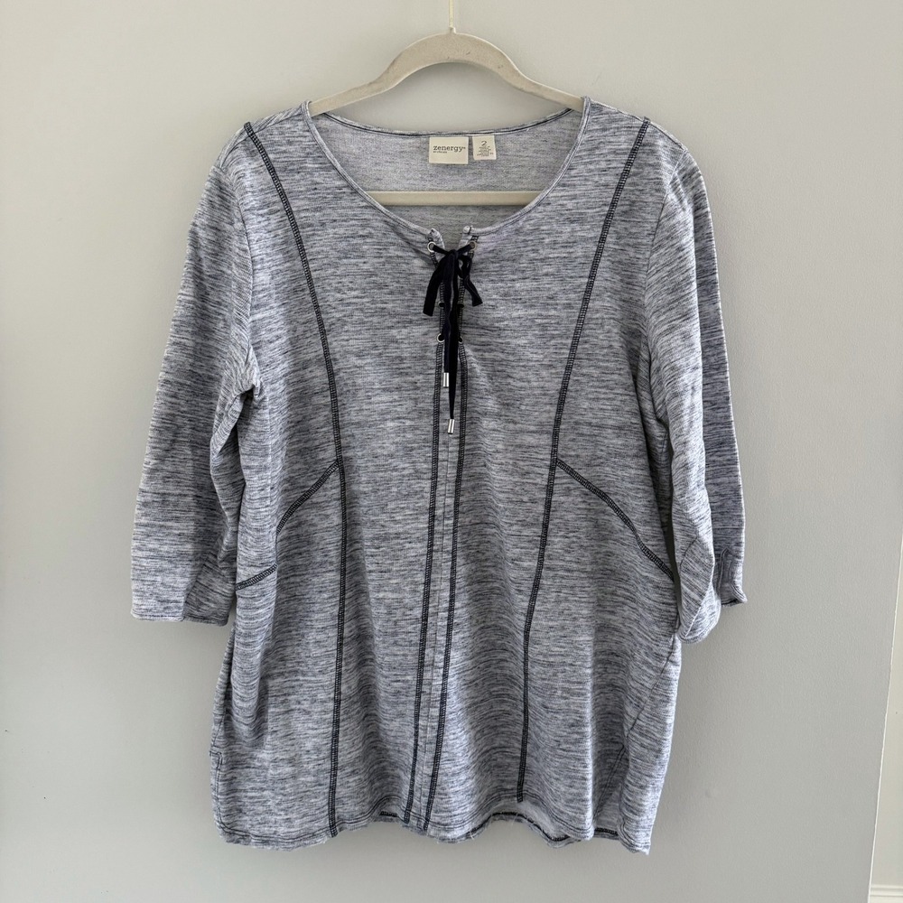 Zenergy by Chicos Navy Space Dye Cotton Lace Up 3/4 Sleeve Top Size 2 US Large